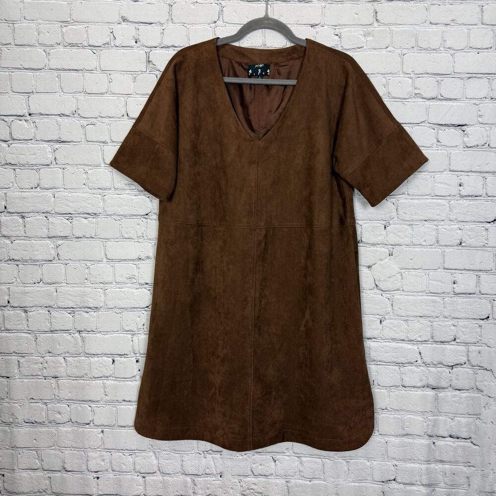 Lord and Taylor 424 Fifth Brown Faux Suede Short Sleeve V-Neck Shift Dress 8
